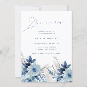 Dusty Blue Watercolor Florals Quinceañera Party Invitation