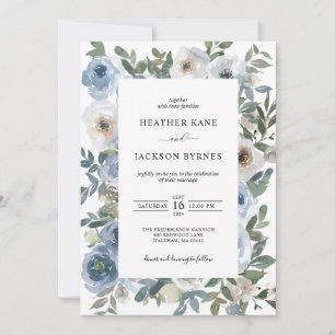 Dusty Blue Watercolor Florals Wedding  Invitation