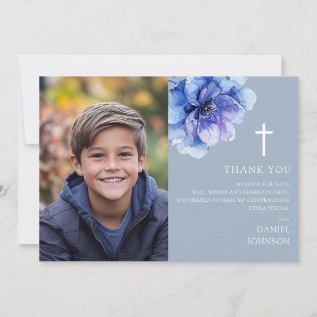 Dusty Blue Watercolor Flower Photo Confirmation Thank You Card (Front)