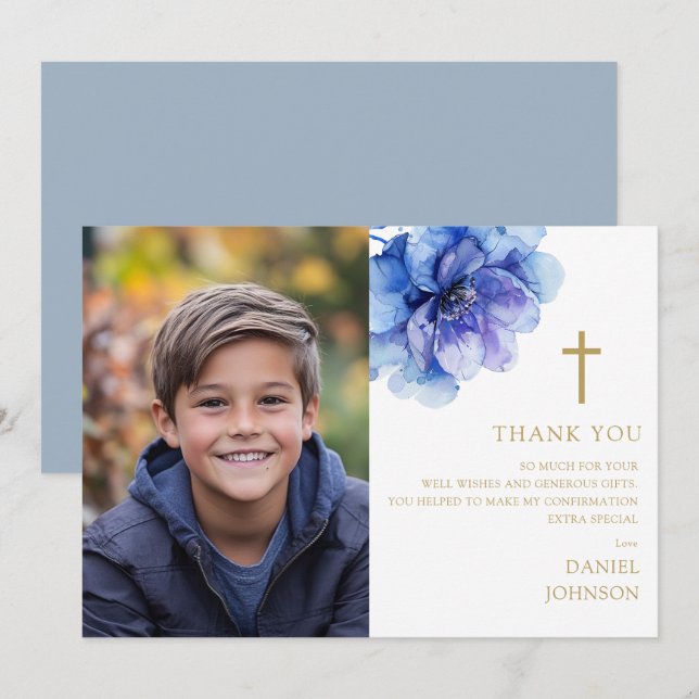 Dusty Blue Watercolor Flower Photo Confirmation Thank You Card (Front/Back)