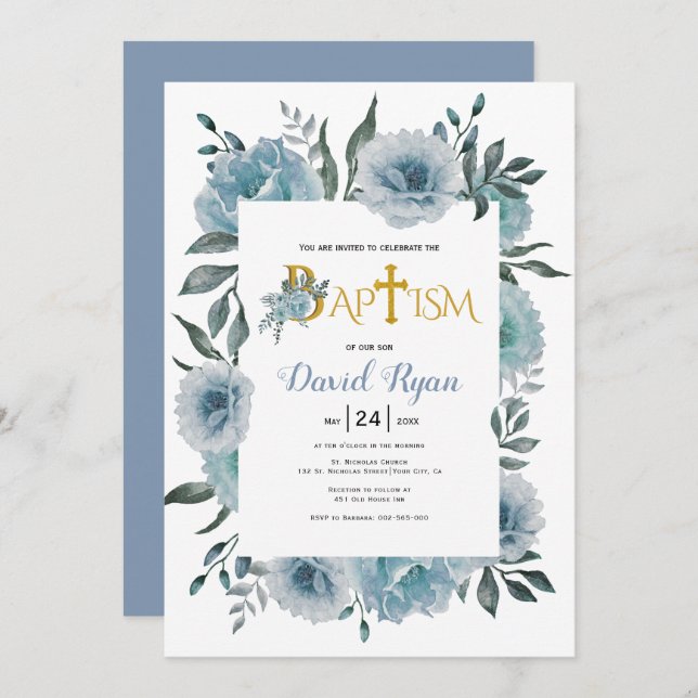 Dusty blue watercolor flowers boy floral baptism invitation (Front/Back)