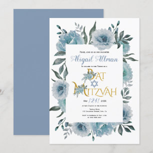 Dusty blue watercolor flowers floral Bat Mitzvah Invitation