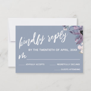 Dusty Blue Watercolor Flowers Handwriting Wedding RSVP Card