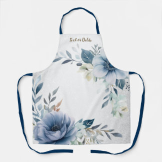 Dusty Blue Watercolor Flowers Silver Elegant Apron