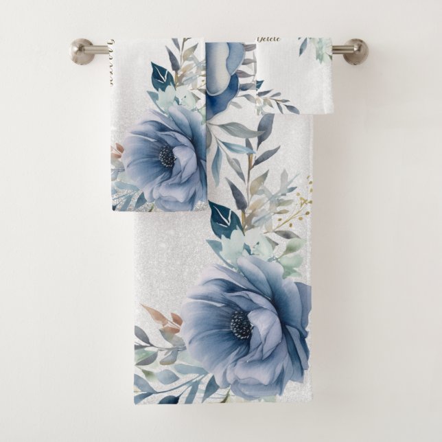 Dusty Blue Watercolor Flowers Silver Elegant Bath Towel Set (Insitu)