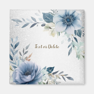 Dusty Blue Watercolor Flowers Silver Elegant Magnet