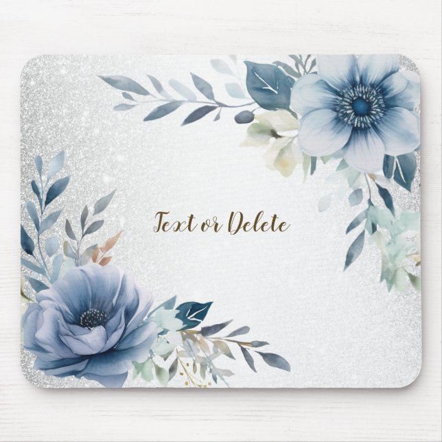 Dusty Blue Watercolor Flowers Silver Elegant Mouse Pad (Front)