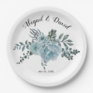 Dusty blue watercolor flowers, succulent wedding paper plate