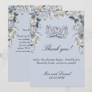 Dusty Blue Watercolor Flowers Swan Wedding Thank You Card