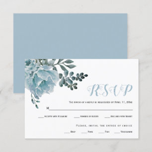 Dusty blue watercolor flowers wedding RSVP card