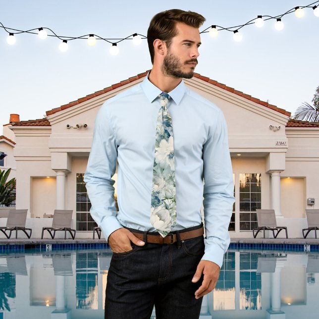 Dusty Blue Watercolor Flowers Wedding Tie (Tie with an artistic watercolor floral design in white and dusty blue. Beautiful for a wedding)