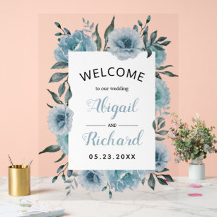 Dusty blue watercolor flowers wedding welcome acrylic sign