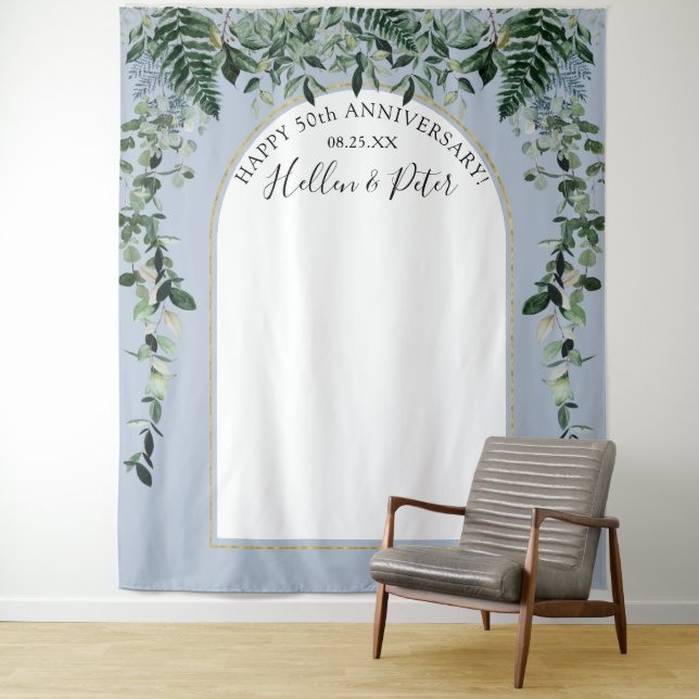 Dusty blue watercolor foliage Modern arch backdrop Tapestry (In Situ)