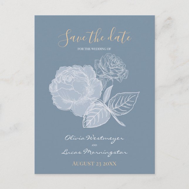 Dusty Blue Watercolor Gilded Rose  Save the Date Postcard (Front)