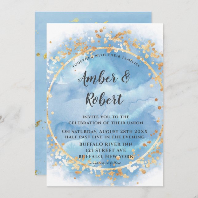 Dusty Blue Watercolor Gold Wedding Invitations (Front/Back)