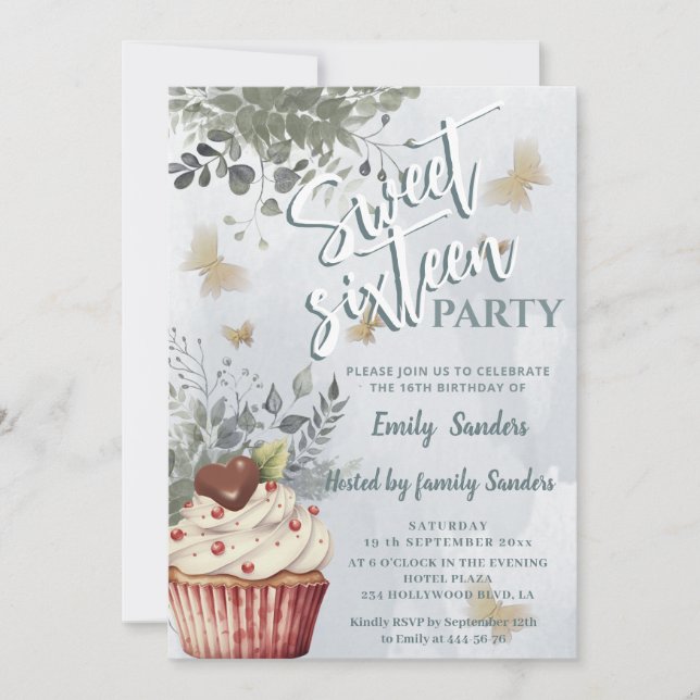 Dusty blue  watercolor greenery cupcake  invitation (Front)