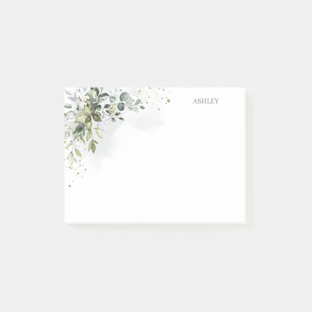 Dusty Blue Watercolor Greenery Name Monogram Post-it Notes (Front)