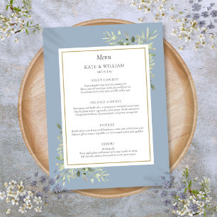 Dusty Blue Watercolor Greenery Wedding Dinner Menu