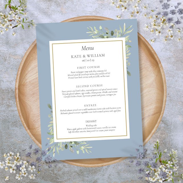 Dusty Blue Watercolor Greenery Wedding Dinner Menu (Dusty Blue Watercolor Greenery Wedding Dinner Menu)