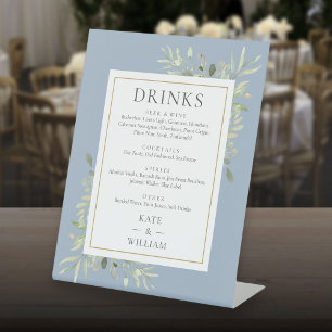 Dusty Blue Watercolor Greenery Wedding Drinks Menu Pedestal Sign