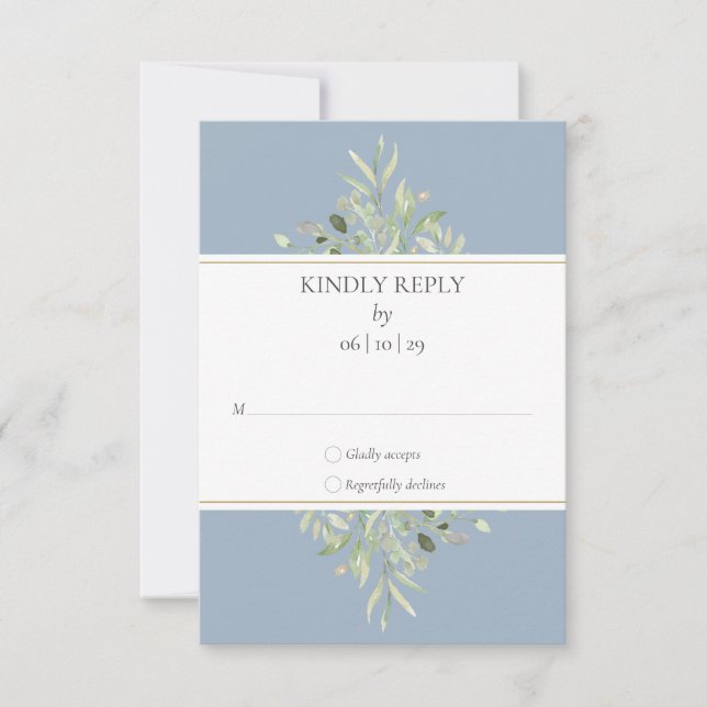 Dusty Blue Watercolor Greenery Wedding RSVP Card (Front)
