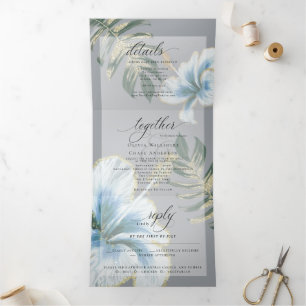 Dusty Blue Watercolor Hibiscus Foliage Wedding Tri-Fold Invitation
