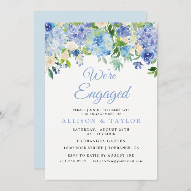 Dusty Blue Watercolor Hydrangea Engagement Party Invitation (Front/Back)