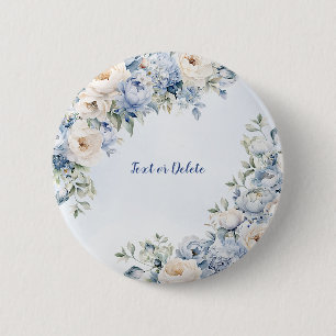 Dusty Blue Watercolor Ivory Flowers Leaves 6 Cm Round Badge