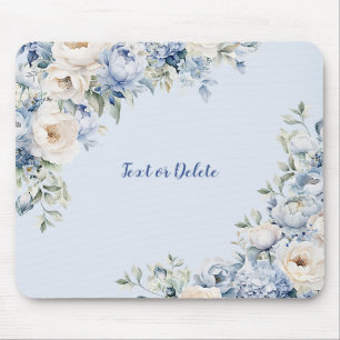 Dusty Blue Watercolor Ivory Flowers Leaves Mouse Pad