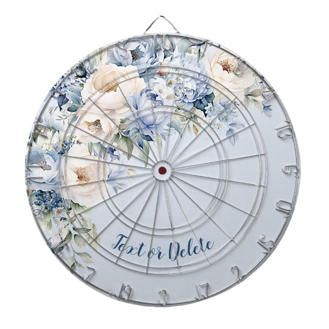 Dusty Blue Watercolor Ivory Flowers Leaves Rustic Dartboard (Front)