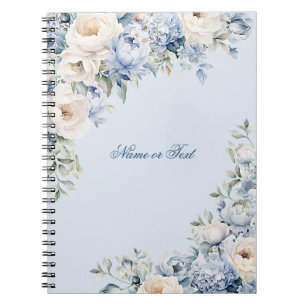 Dusty Blue Watercolor Ivory Flowers Leaves Rustic Notebook