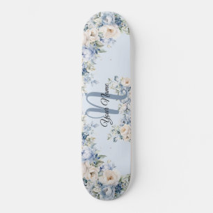 Dusty Blue Watercolor Ivory Flowers Leaves Rustic Skateboard