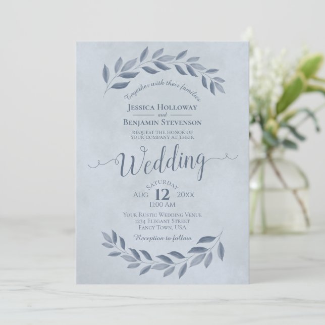 Dusty Blue Watercolor Laurel Leaves Wedding Invitation (Standing Front)