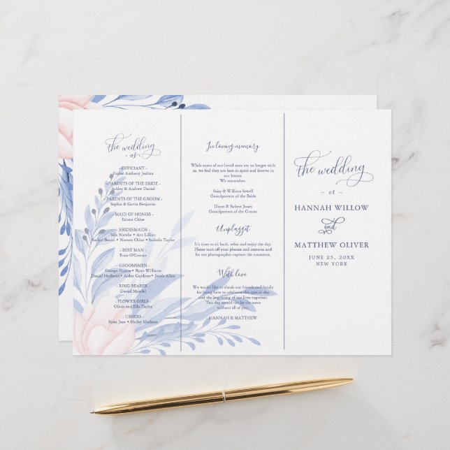 Dusty Blue Watercolor Leaves Gold Wedding Ceremony (Front/Back In Situ)