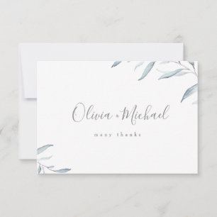 Dusty blue watercolor minimal greenery wedding thank you card