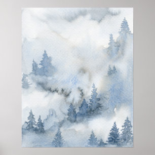 Dusty Blue Watercolor Misty Abstract Forest Poster