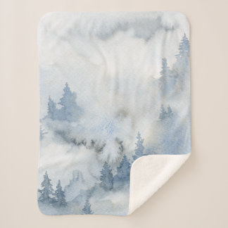 Dusty Blue Watercolor Misty Abstract Forest  Sherpa Blanket