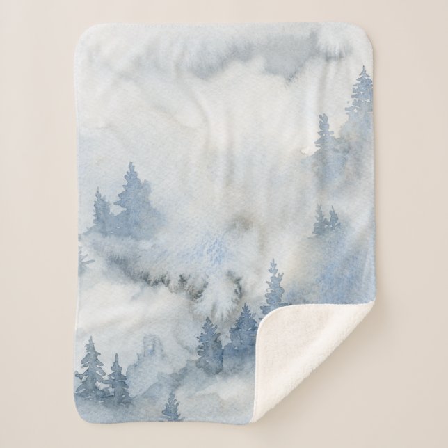 Dusty Blue Watercolor Misty Abstract Forest  Sherpa Blanket (Front)