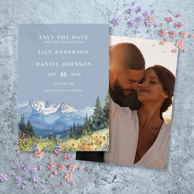 Dusty Blue Watercolor Mountain Photo Wedding Save The Date (Dusty Blue Watercolor Mountain Photo Wedding Save The Date)