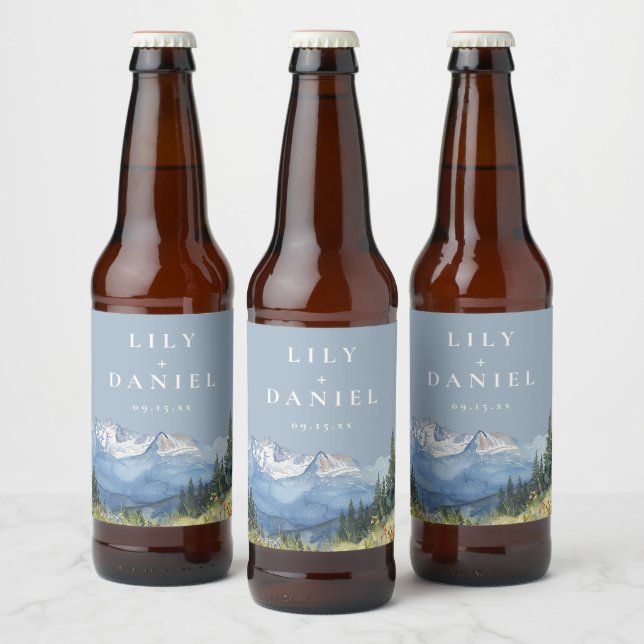 Dusty Blue Watercolor Mountain Wildflower Wedding Beer Bottle Label (Bottles)
