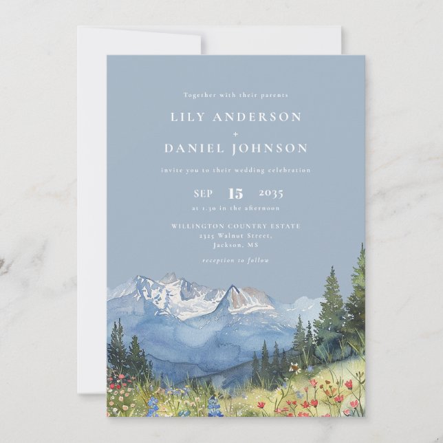 Dusty Blue Watercolor Mountain Wildflower Wedding Invitation (Front)
