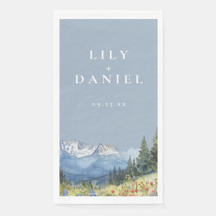 Dusty Blue Watercolor Mountain Wildflower Wedding Napkin