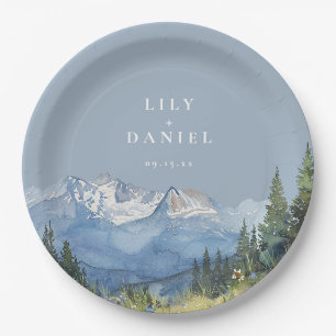 Dusty Blue Watercolor Mountain Wildflower Wedding Paper Plate