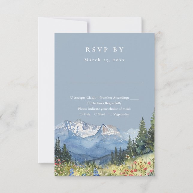 Dusty Blue Watercolor Mountain Wildflower Wedding RSVP Card (Front)