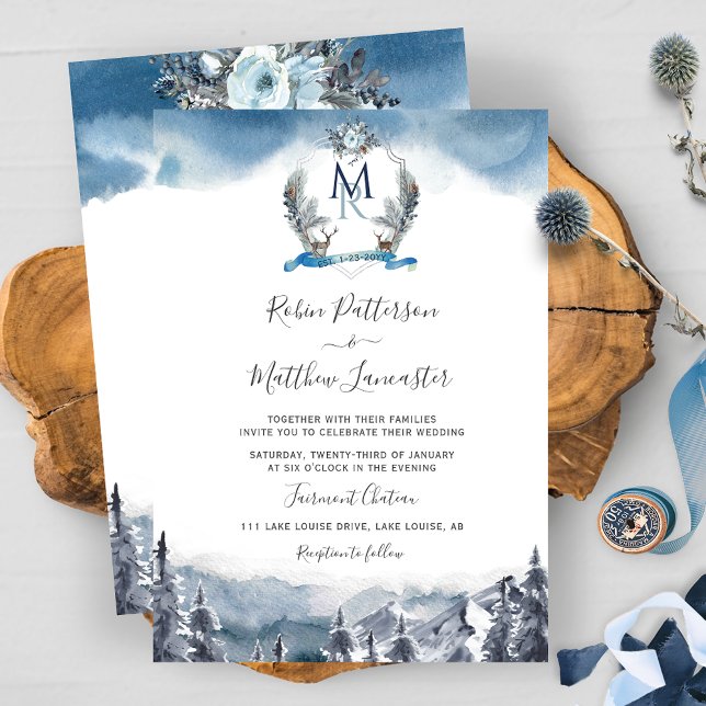 Dusty Blue Watercolor Mountains and Crest, Wedding Invitation (Creator Uploaded)