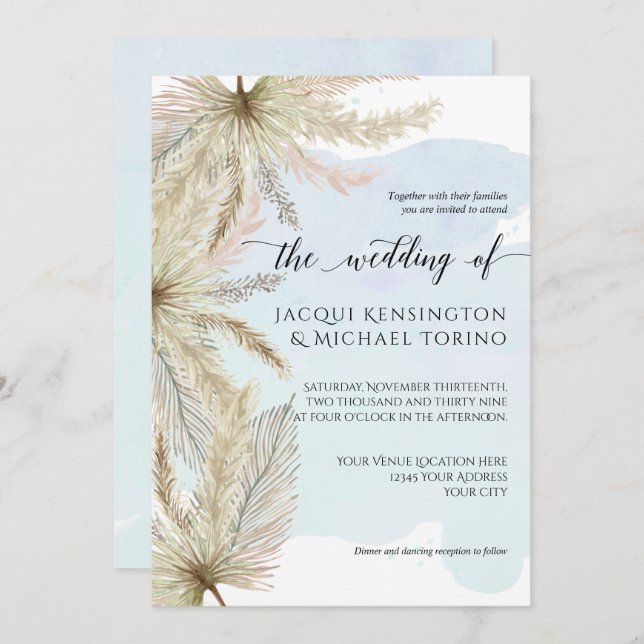 Dusty Blue Watercolor Pampas Grass Palm Greenery Invitation (Front/Back)