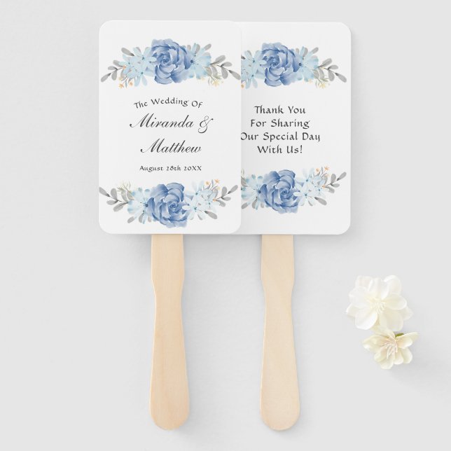 Dusty Blue Watercolor Peony Wedding Hand Fan (Front and Back)