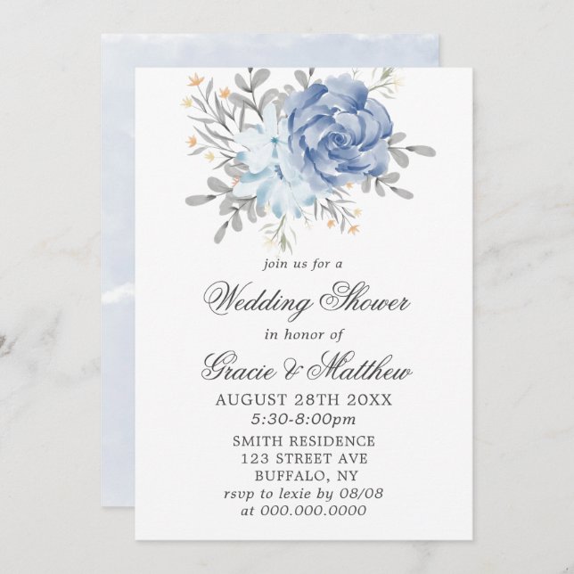 Dusty Blue Watercolor Peony Wedding Shower Invites (Front/Back)