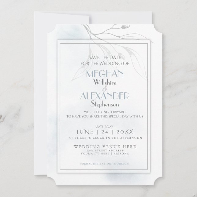 Dusty Blue Watercolor Pewter Willow Branch Save The Date (Front)