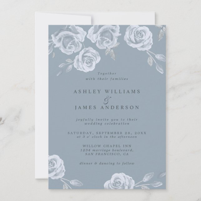 Dusty Blue Watercolor Rose Invitation (Front)